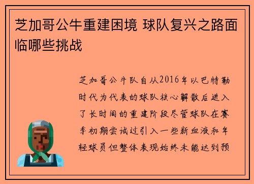 芝加哥公牛重建困境 球队复兴之路面临哪些挑战
