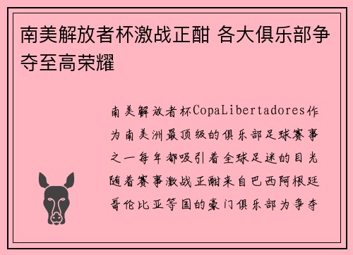 南美解放者杯激战正酣 各大俱乐部争夺至高荣耀