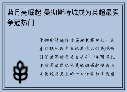 蓝月亮崛起 曼彻斯特城成为英超最强争冠热门