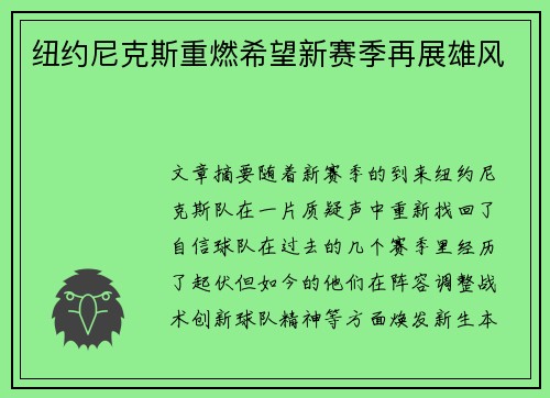纽约尼克斯重燃希望新赛季再展雄风